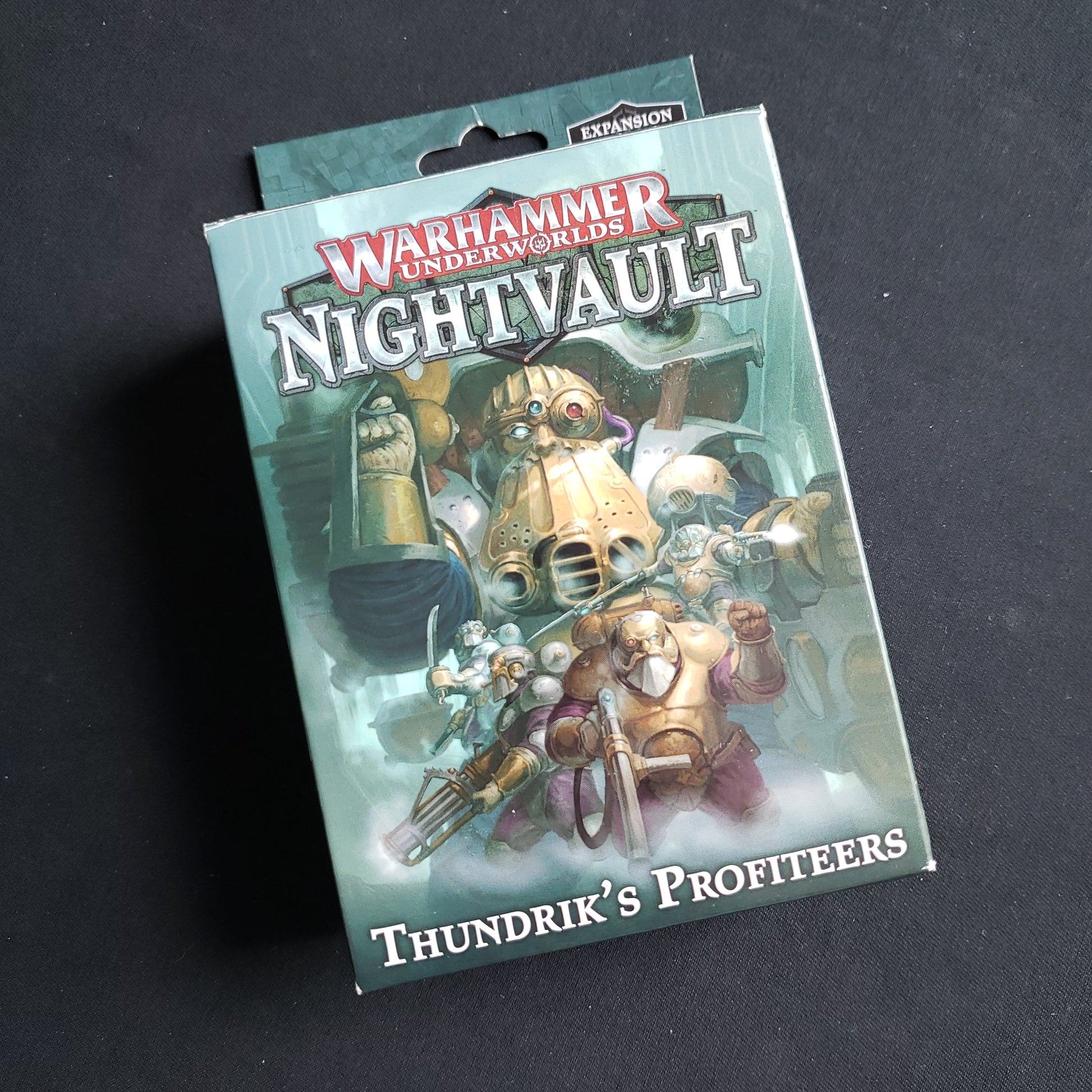 Image shows the front cover of the box of the Thundrik's Profiteers expansion for the Warhammer Underworlds: Nightvault board game