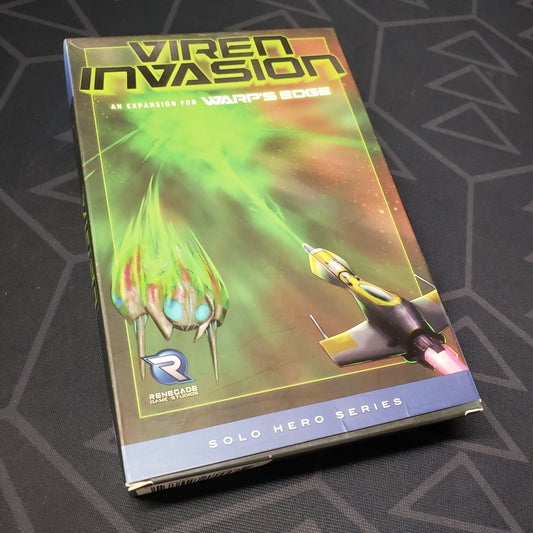 Image shows the front cover of the box of the Viren Invasion expansion for the board game Warp's Edge