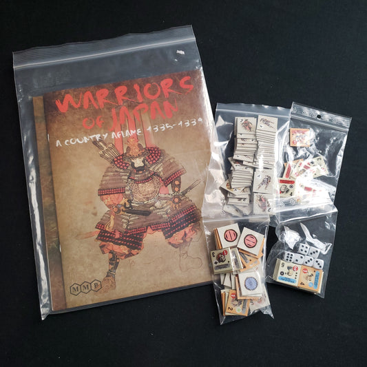 Image shows the components & instructions for the board game Warriors of Japan in their original plastic bags