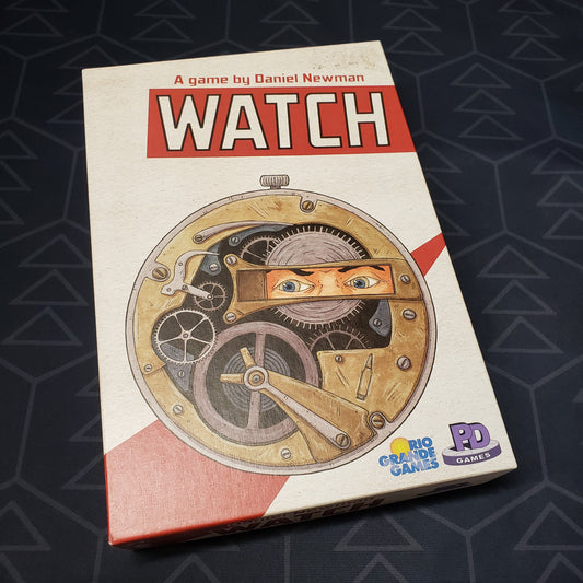Image shows the front cover of the box of the Watch board game