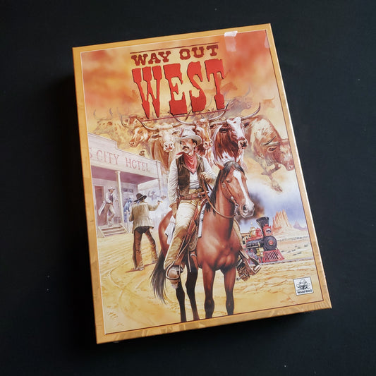 Image shows the front cover of the box of the Way Out West board game