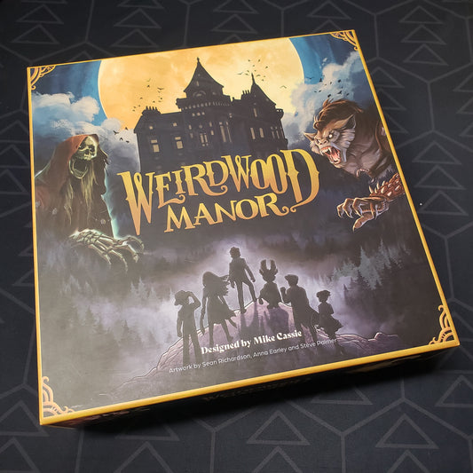 Image shows the front cover of the box for the Weirdwood Manor board game