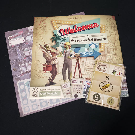 Image shows the score pad, instruction sheet and cards for the Outbreak expansion for the board game Welcome To…