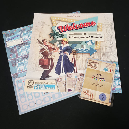 Image shows the score pad, instruction sheet and cards for the Winter Wonderland expansion for the board game Welcome To…
