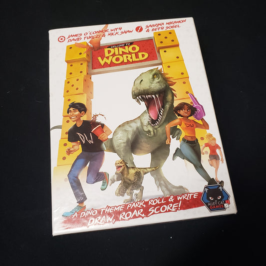 Image shows the front cover of the box of the Welcome to Dino World board game