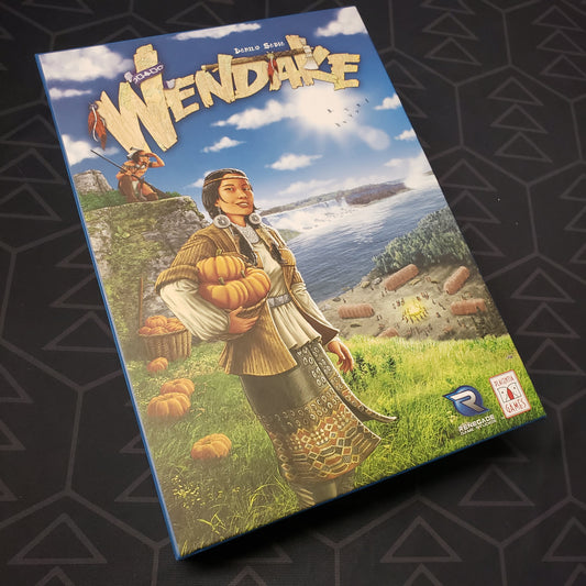 Image shows the front cover of the box for the Wendake board game