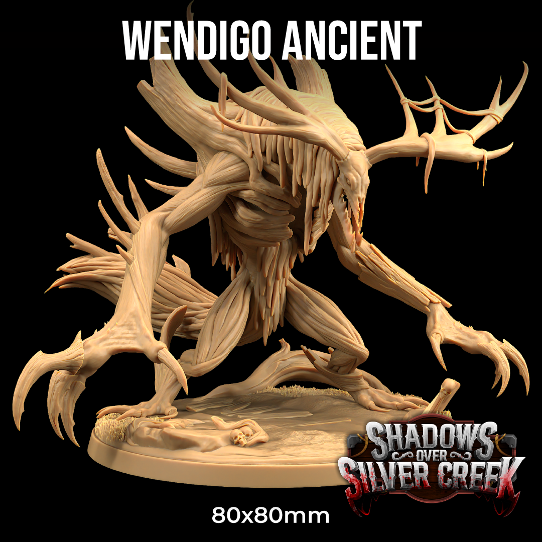 Image shows a 3D render of a wendigo gaming miniature