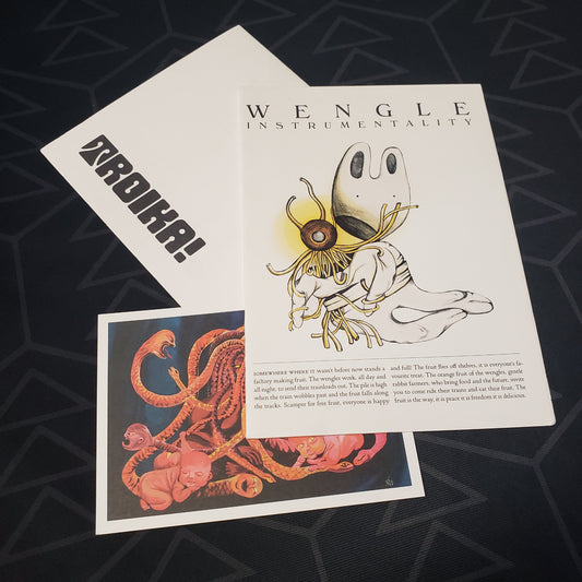 Image shows the front cover of the Wengale Instrumentality roleplaying game asset, with some extras around it