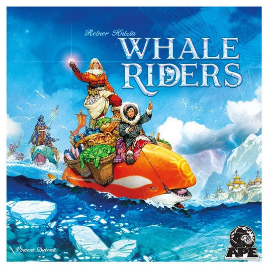 Image shows the front cover of the box for the Whale Riders board game