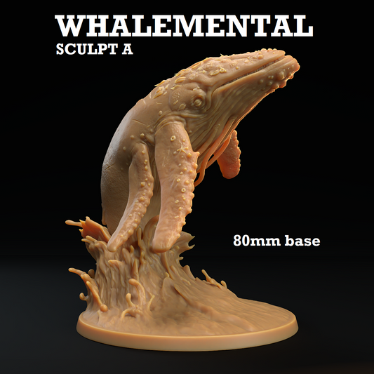Image shows a 3D render of a four-finned whale elemental gaming miniature.