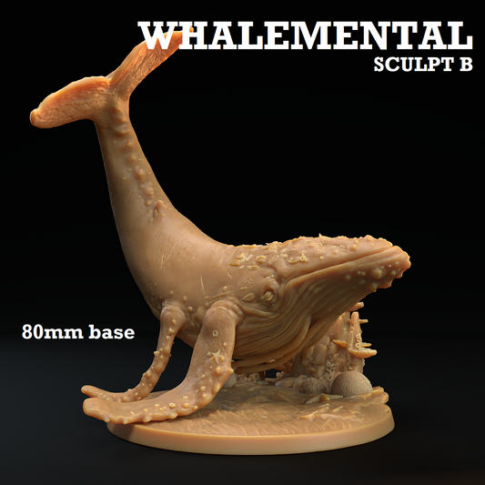 Image shows a 3D render of a four-finned whale elemental gaming miniature.