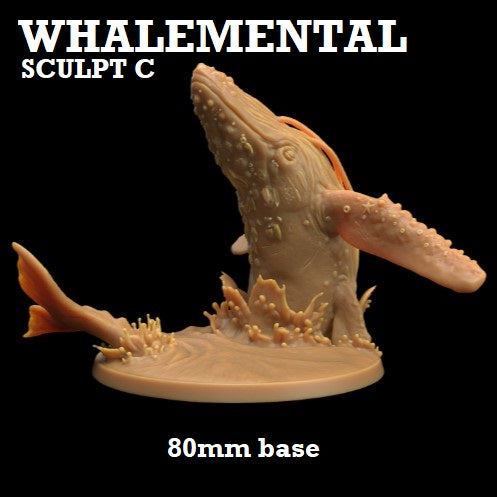 Image shows a 3D render of a four-finned whale elemental gaming miniature.