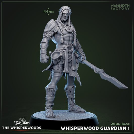 Image shows a 3D render of a wood elf fighter gaming miniature.