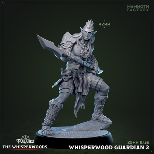 Image shows a 3D render of a wood elf fighter gaming miniature.