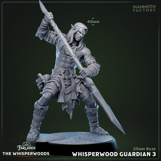 Image shows a 3D render of a wood elf fighter gaming miniature.