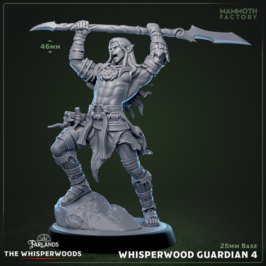 Image shows a 3D render of a wood elf fighter gaming miniature.
