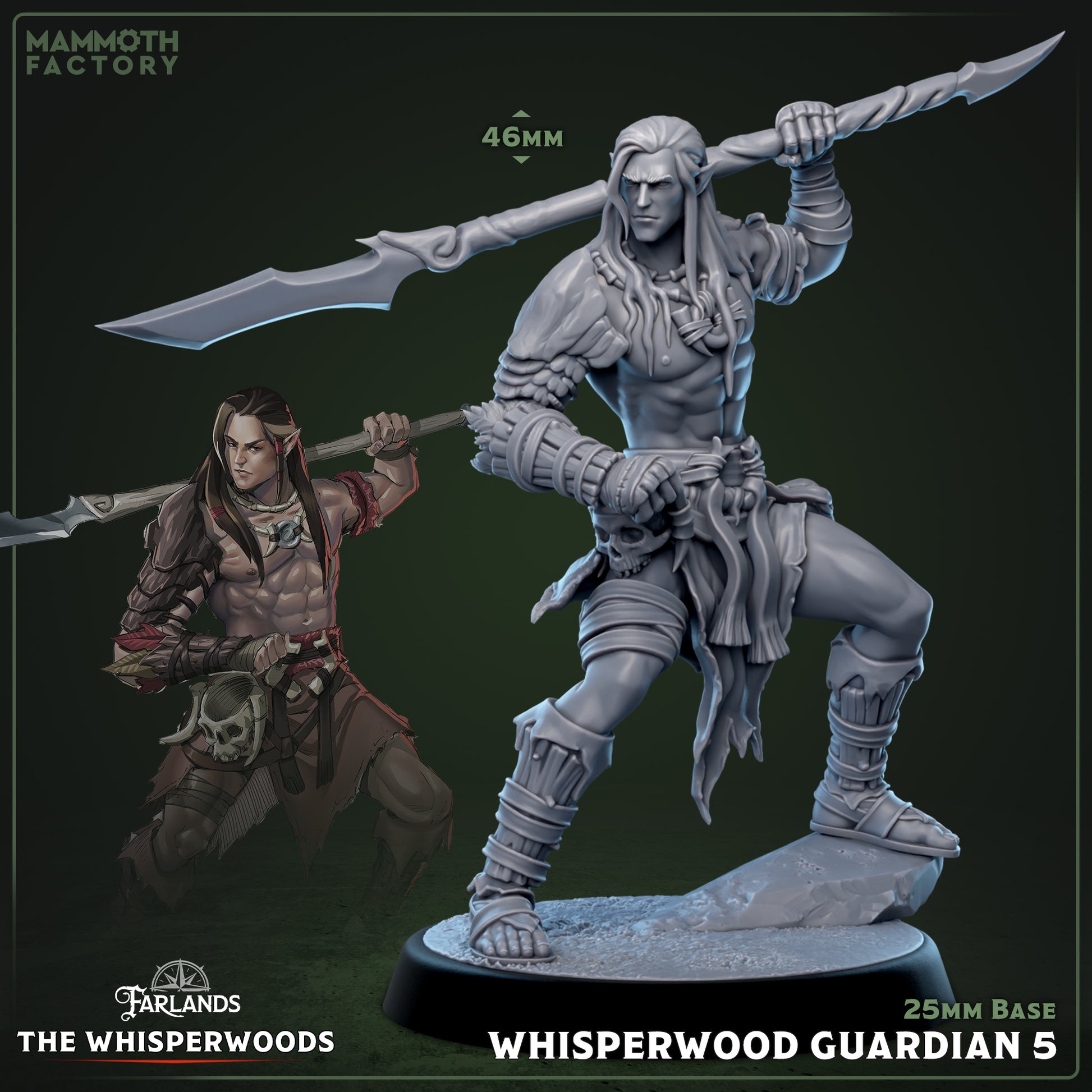Image shows a 3D render of a wood elf fighter gaming miniature.