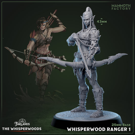 Image shows a 3D render of a wood elf ranger gaming miniature.