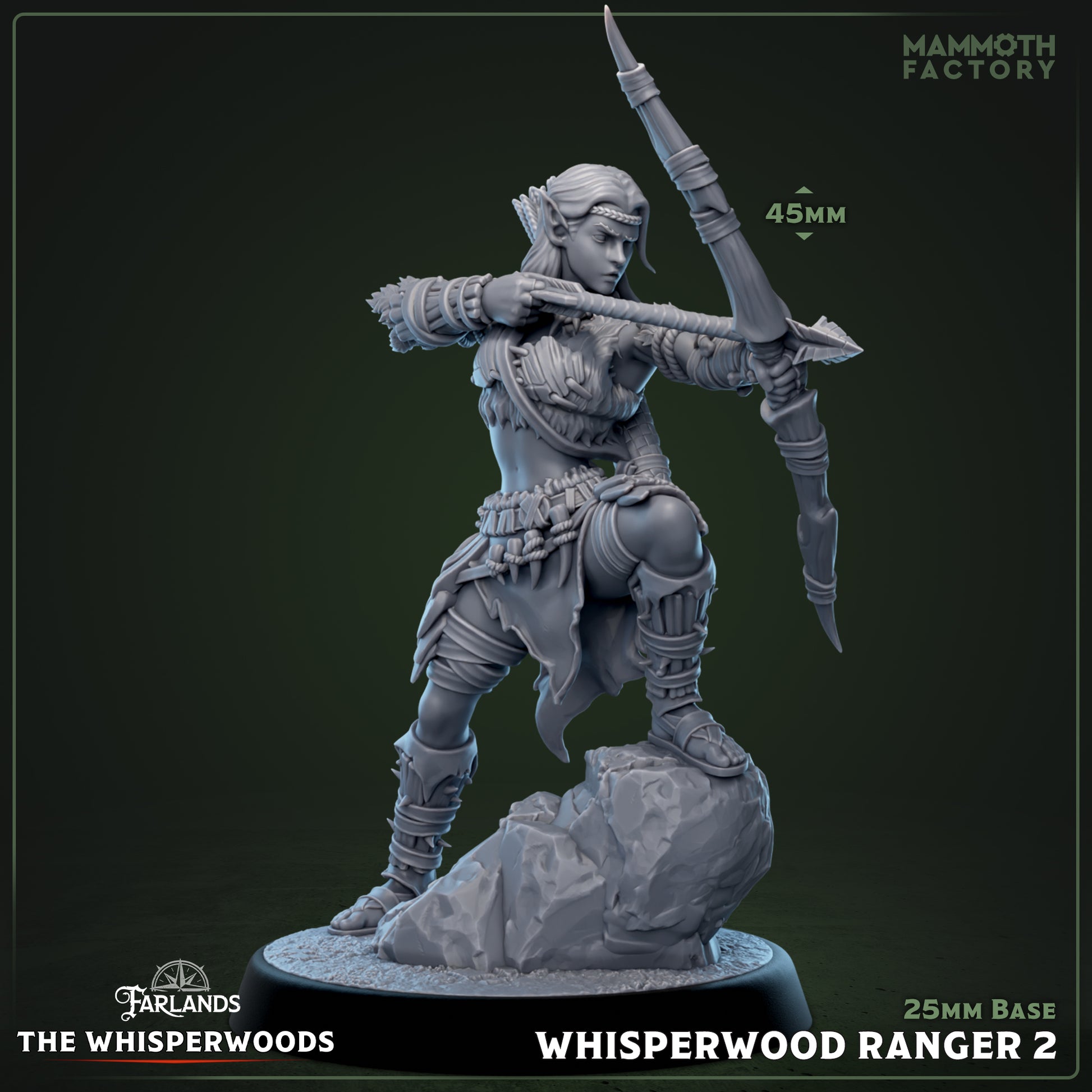 Image shows a 3D render of a wood elf ranger gaming miniature.