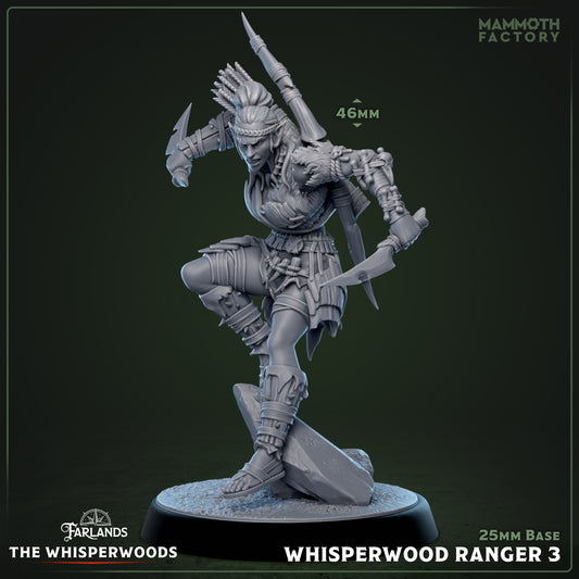 Image shows a 3D render of a wood elf ranger gaming miniature.