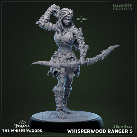Image shows a 3D render of a wood elf ranger gaming miniature.