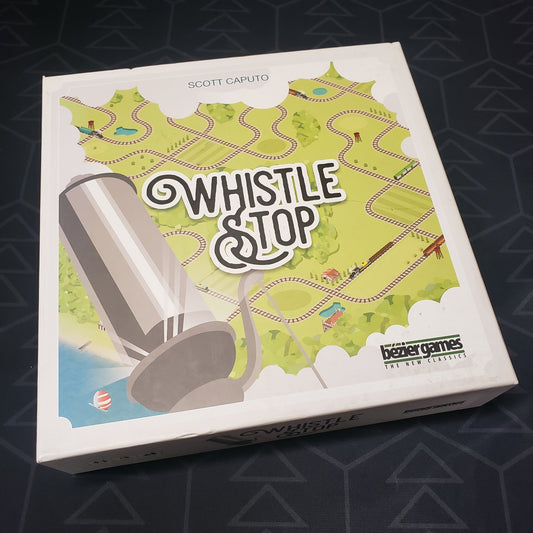 Image shows the front cover of the box of the Whistle Stop board game