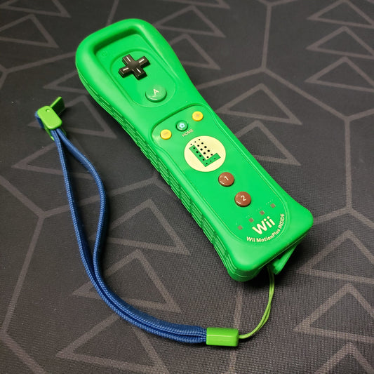 Image shows the top of a green Luigi MotionPlus controller for Nintendo Wii