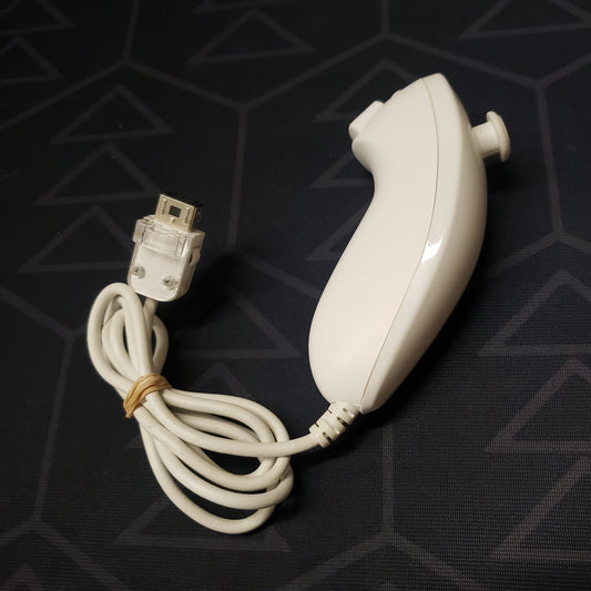 Image shows the side of a white Nunchuk controller for Nintendo Wii