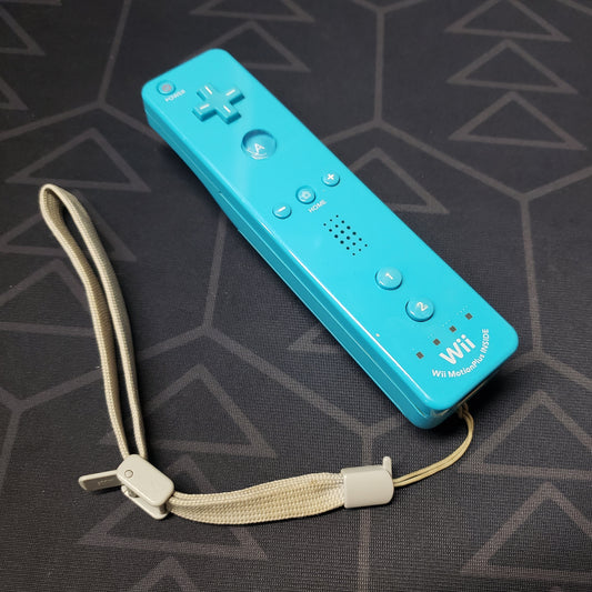 Image shows the top of a blue MotionPlus controller for Nintendo Wii