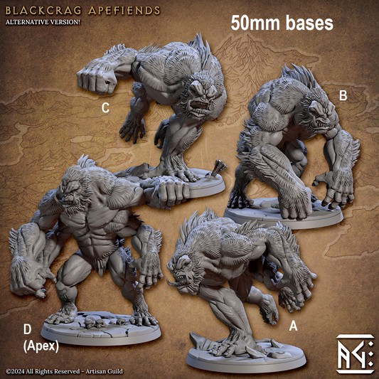 Image shows 3D renders of four different sculpt options for a wild ape-beast gaming miniature