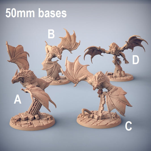 Image shows 3D renders of different options for a giant vampire bat gaming miniature