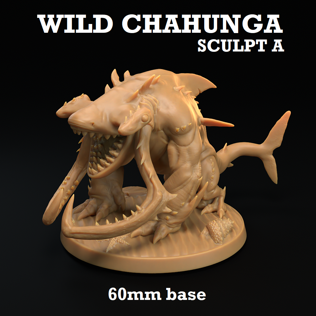 Image shows a 3D render of a wild shark-dog creature gaming miniature.