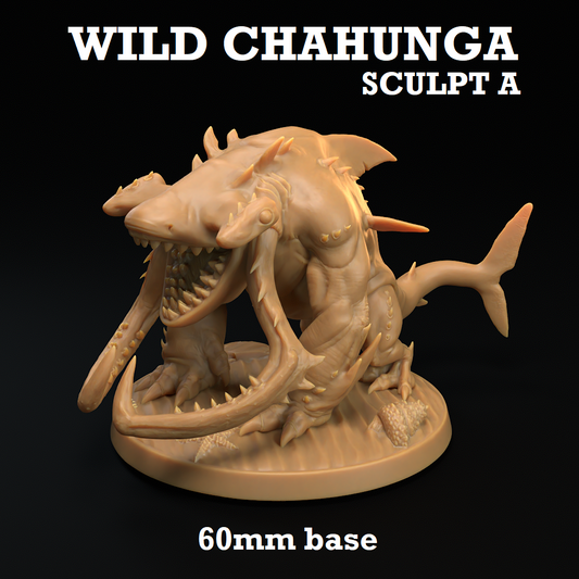 Image shows a 3D render of a wild shark-dog creature gaming miniature.