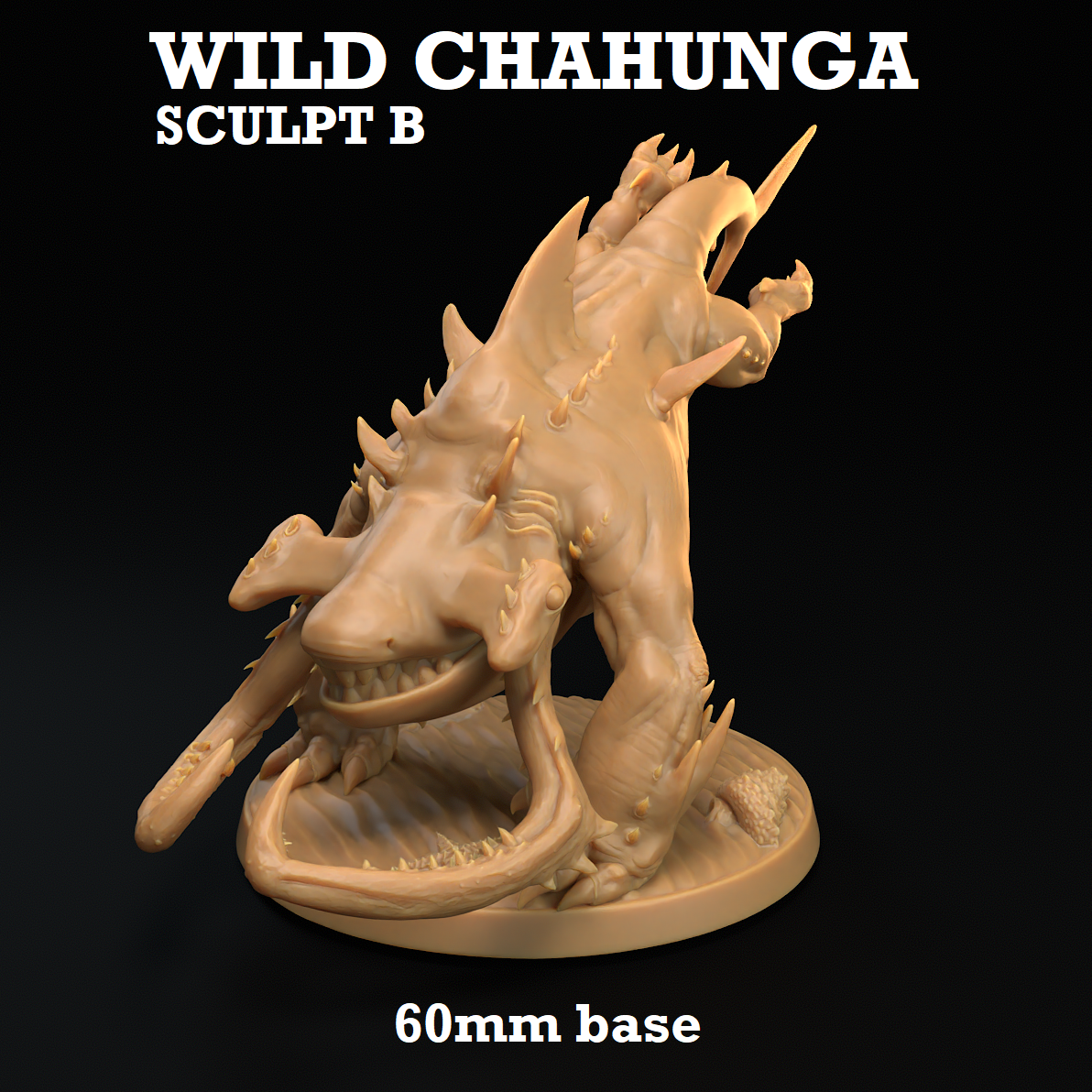 Image shows a 3D render of a wild shark-dog creature gaming miniature jumping.