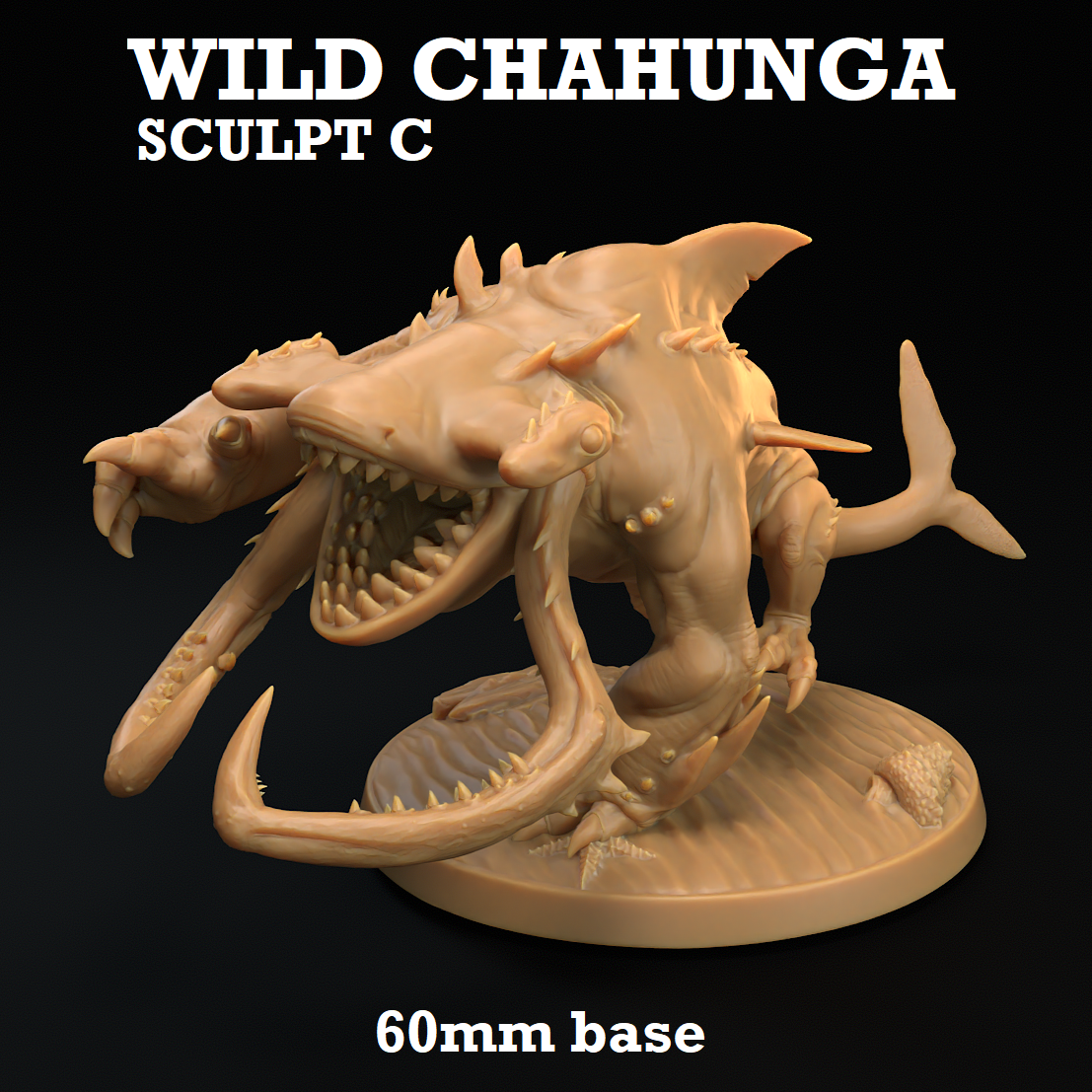 Image shows a 3D render of a wild shark-dog creature gaming miniature running.