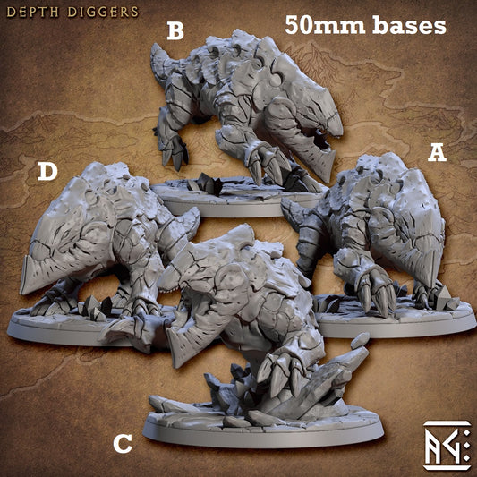 Image shows 3D renders for four different sculpt options of a wild tunneling beast gaming miniature.