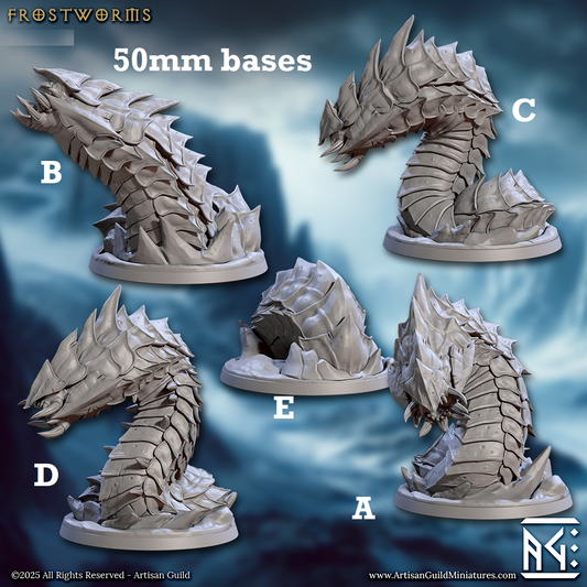 Image shows 3D renders for five different sculpt options of a worm beast gaming miniature.