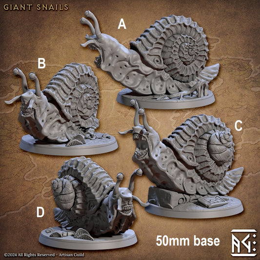 Image shows a 3D render of four different options for a wild giant snail gaming miniature