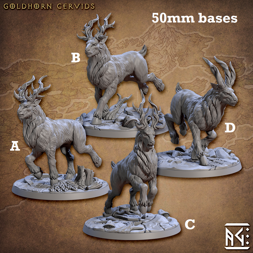 Image shows 3D renders of four different sculpt options for an elk beast gaming miniature