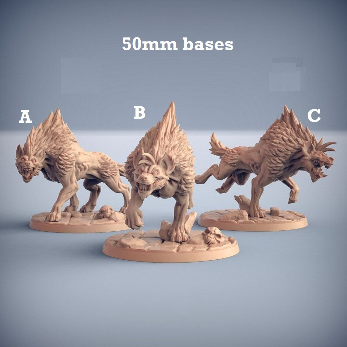 Image shows 3D renders of three different sculpt options for a giant hyena gaming miniature