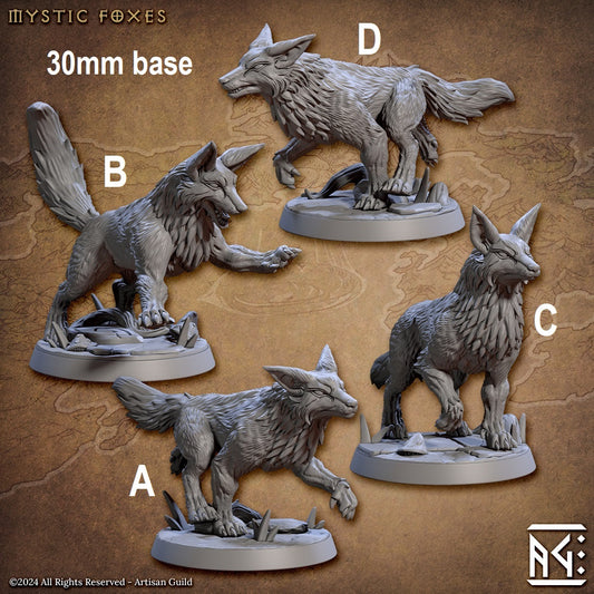 Image shows 3D renders of four different options for a wild mystic fox gaming miniature