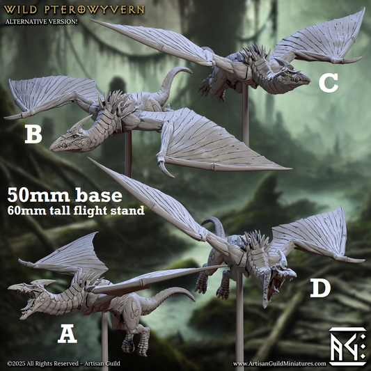 Image shows 3D renders for four different sculpt options of a pterodactyl gaming miniature.