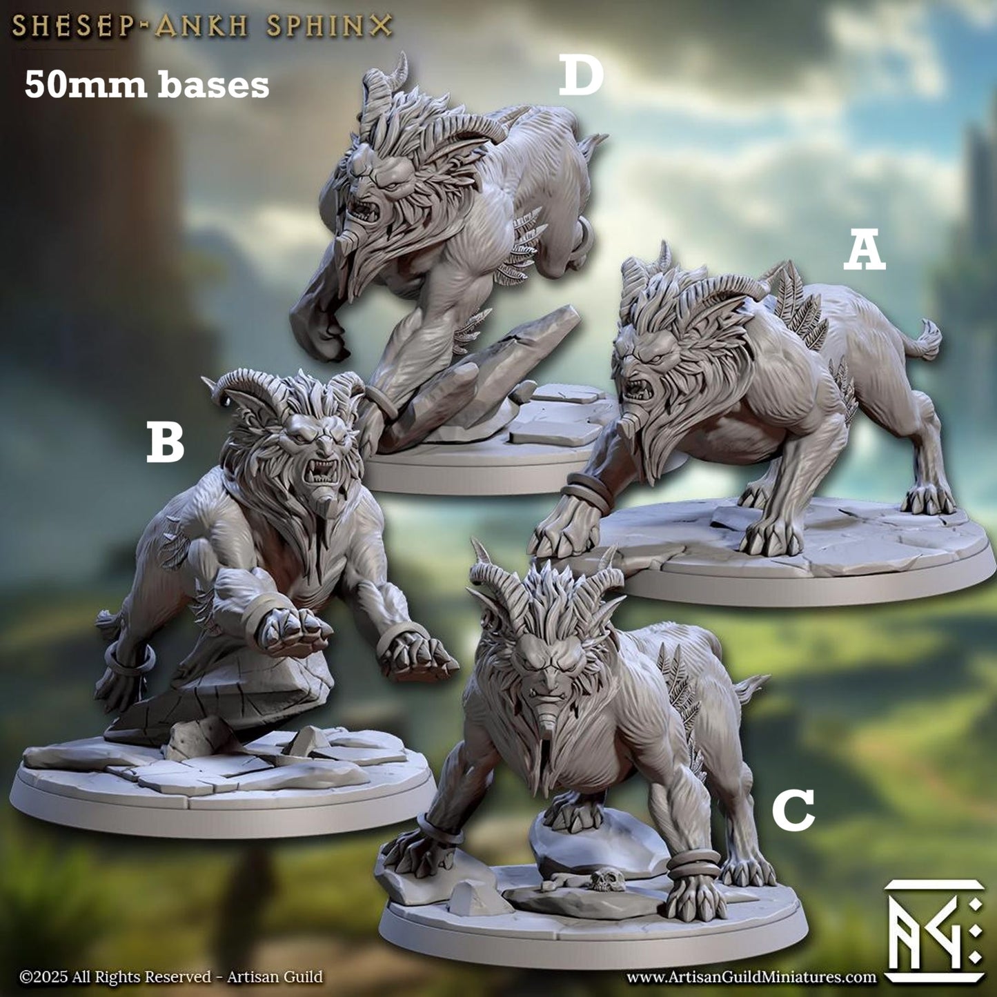 Image shows 3D renders for four different sculpt options of a wild sphinx gaming miniature.