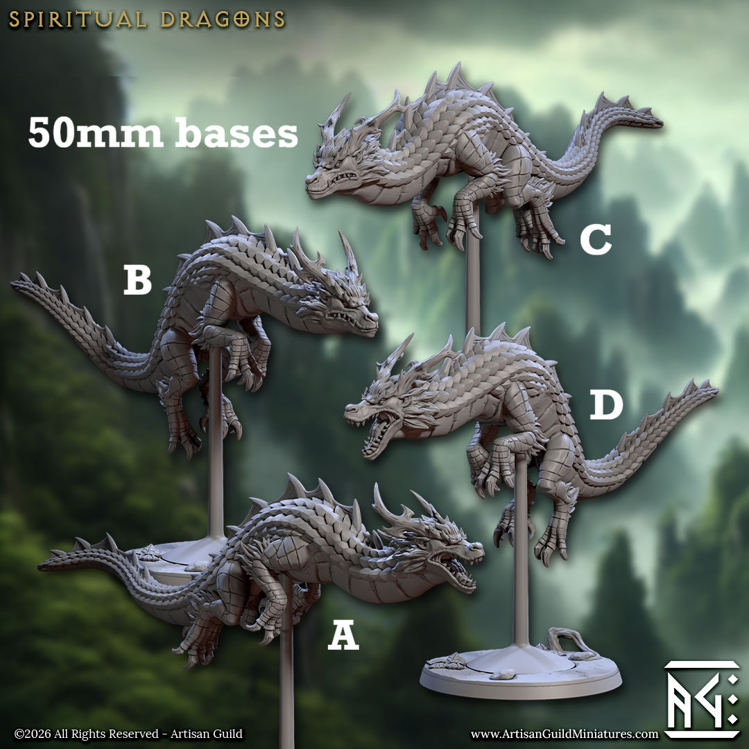Image shows 3D renders for four different sculpt options of an eastern-style dragon gaming miniature.