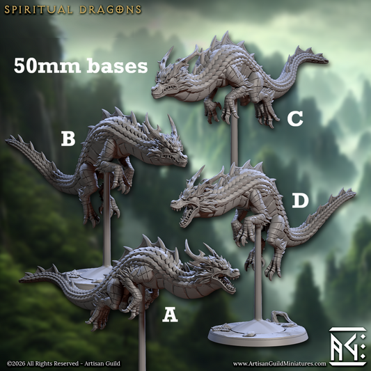 Image shows 3D renders for four different sculpt options of an eastern-style dragon gaming miniature.