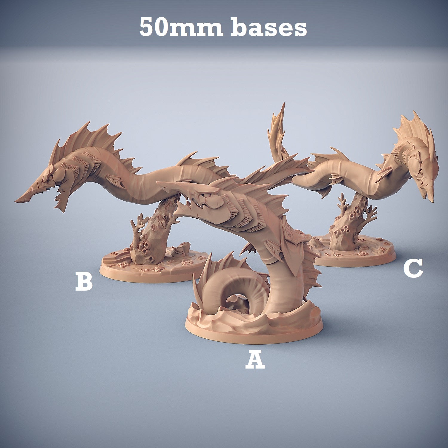 Image shows 3D renders for three different sculpt options of a monstrous eel gaming miniature.