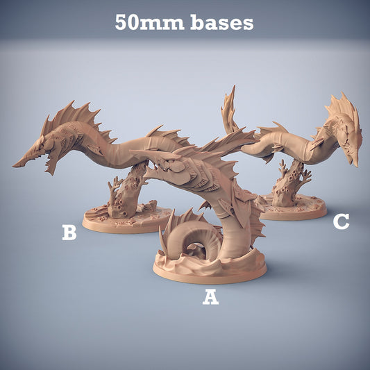 Image shows 3D renders for three different sculpt options of a monstrous eel gaming miniature.