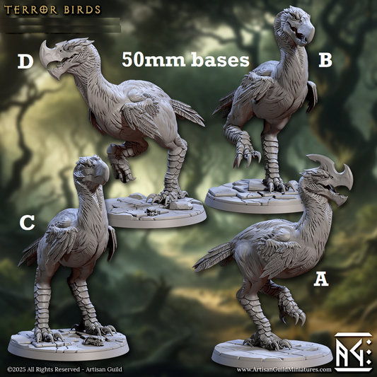 Image shows 3D renders for four different sculpt options of a axebeak gaming miniature.