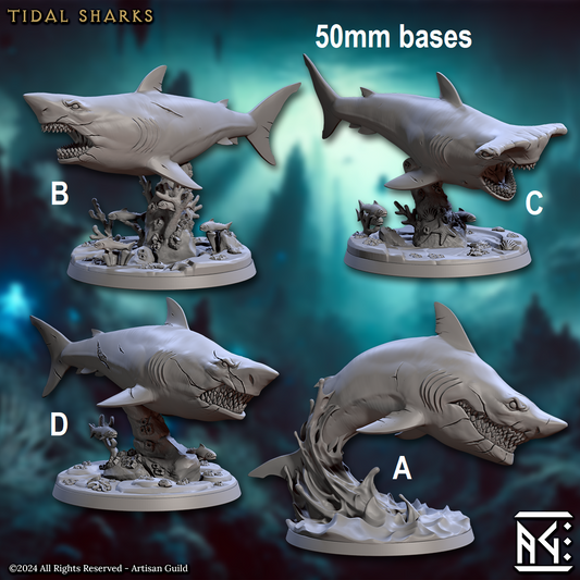 Image shows 3D renders of four different sculpt options for a wild shark gaming miniature