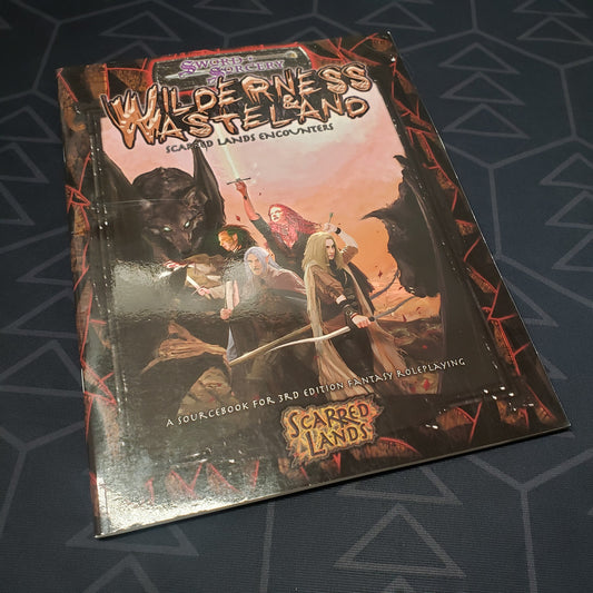 Image shows the front cover of the Wilderness & Wasteland: Scarred Lands Encounters roleplaying game book